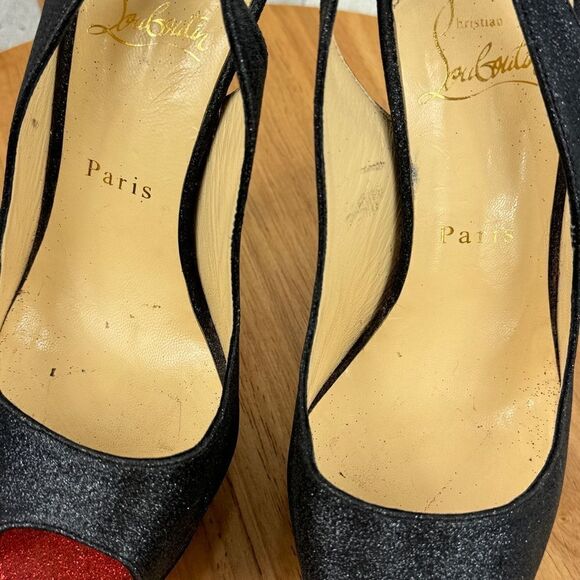 Christian Louboutin Lady Peep Glitter Platform Slingback Pumps Black Red 37.5 - Picture 8 of 16